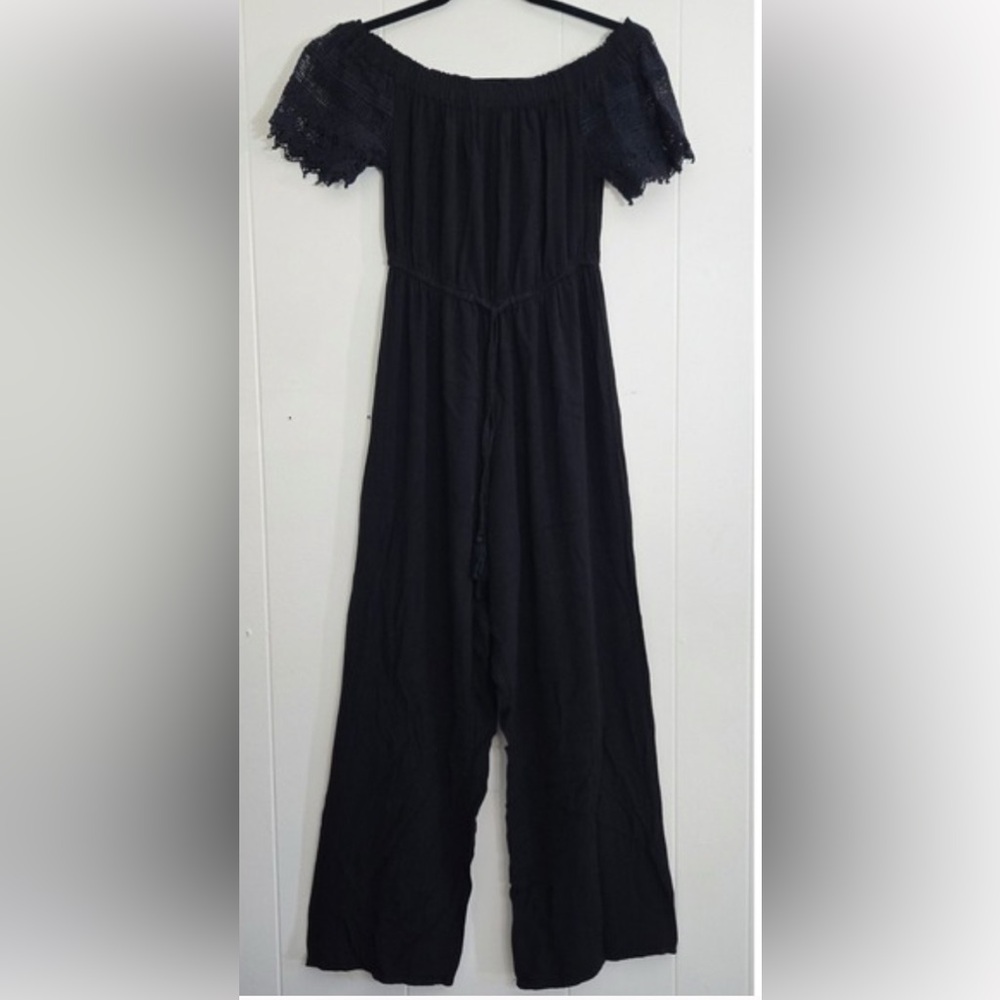 Hint of Blush Black Off Shoulder Crochet Sleeve Wide Leg Jumpsuit - Size Large - Picture 1 of 5